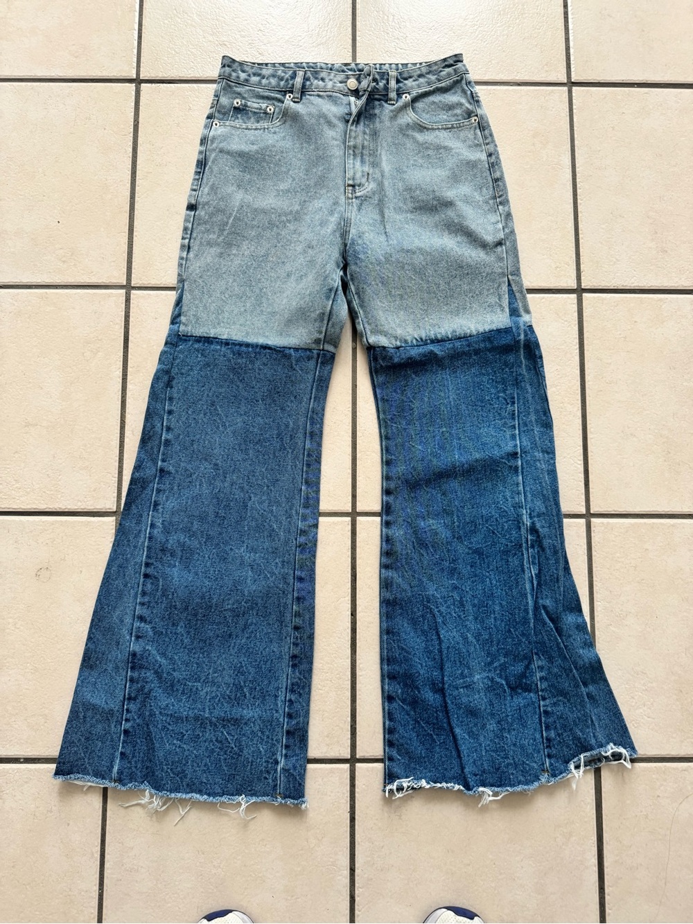 Two-Tone Blue Wide-Leg Flare Jeans